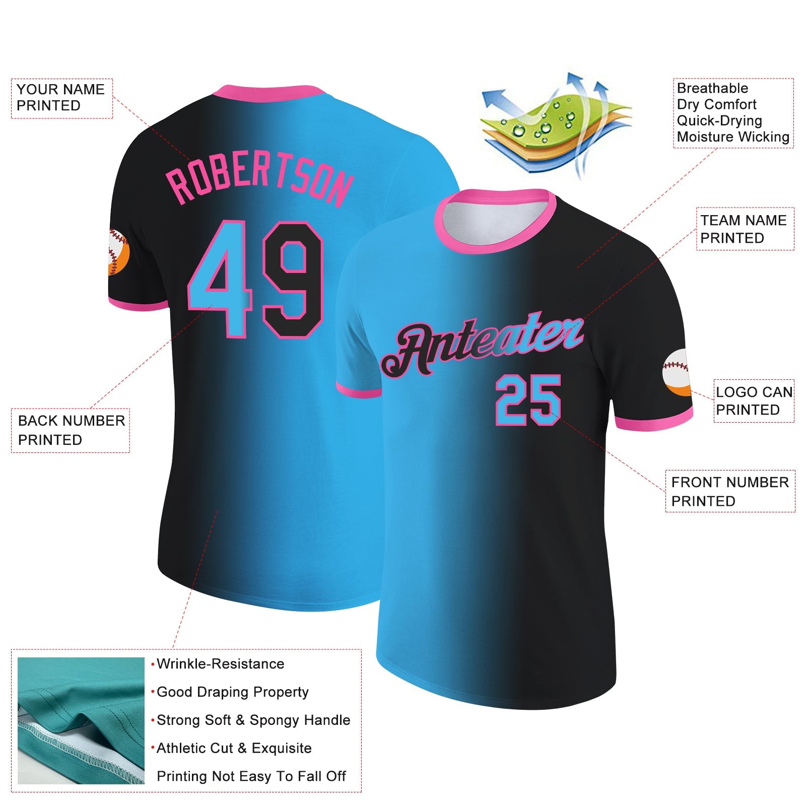 Custom Black Sky Blue-Pink Gradient Fashion Performance T-Shirt