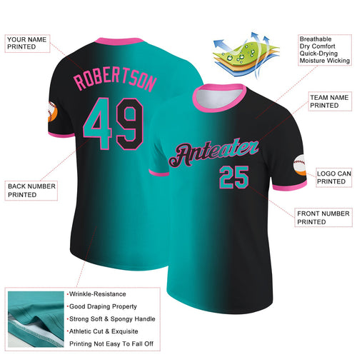 Custom Black Aqua-Pink Gradient Fashion Performance T-Shirt