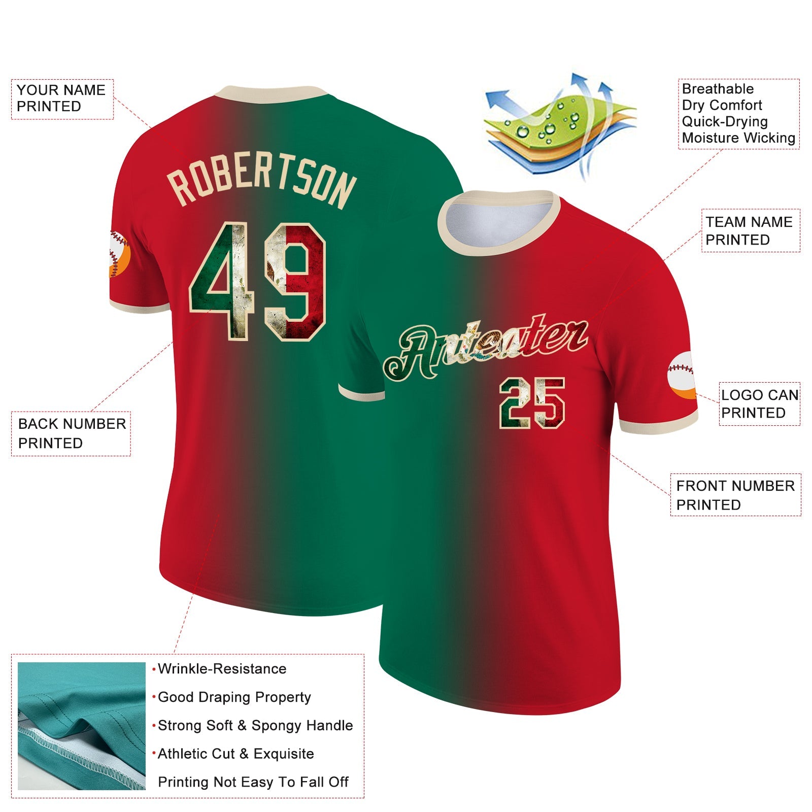 Custom Red Vintage Mexican Flag Kelly Green-City Cream Gradient Fashion Performance T-Shirt