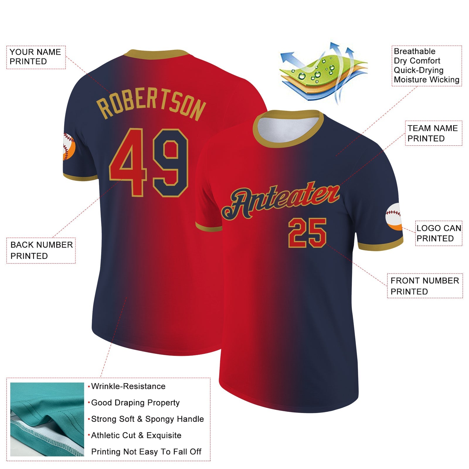 Custom Navy Red-Old Gold Gradient Fashion Performance T-Shirt