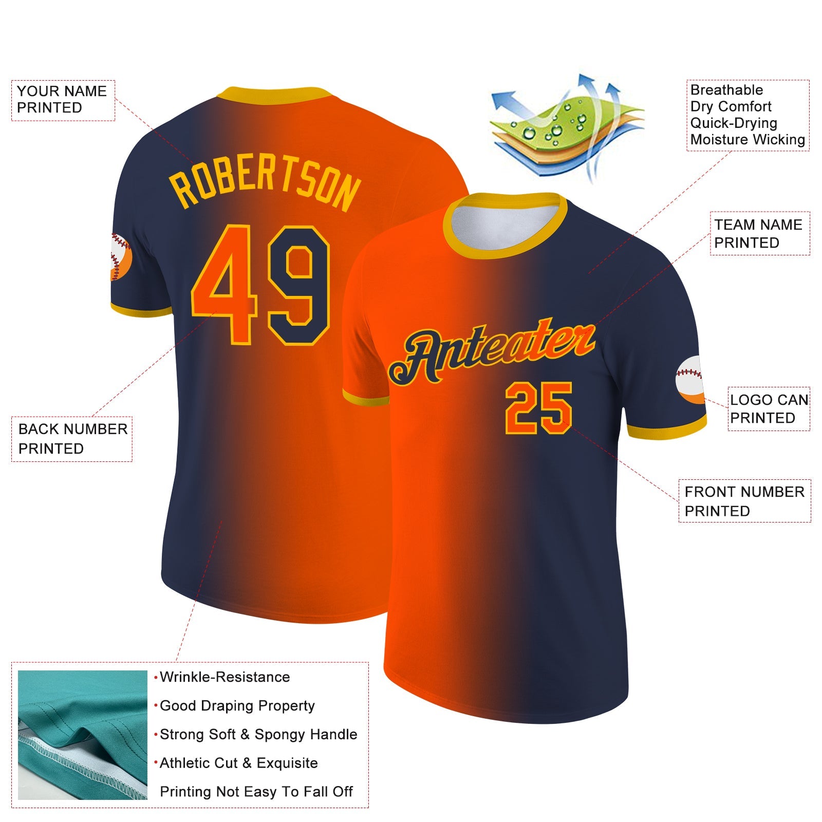 Custom Navy Orange-Gold Gradient Fashion Performance T-Shirt