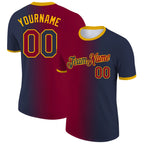 Custom Navy Maroon-Gold Gradient Fashion Performance T-Shirt