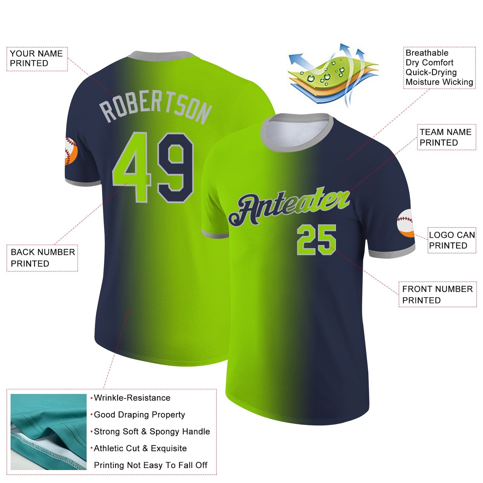 Custom Navy Neon Green-Gray Gradient Fashion Performance T-Shirt