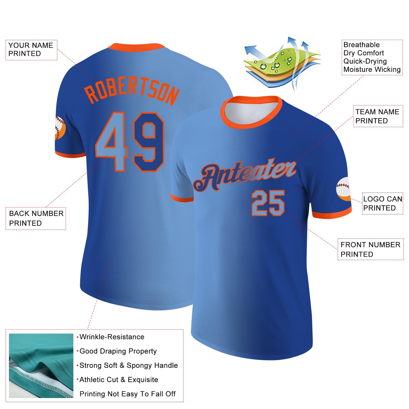 Custom Royal Light Blue-Orange Gradient Fashion Performance T-Shirt