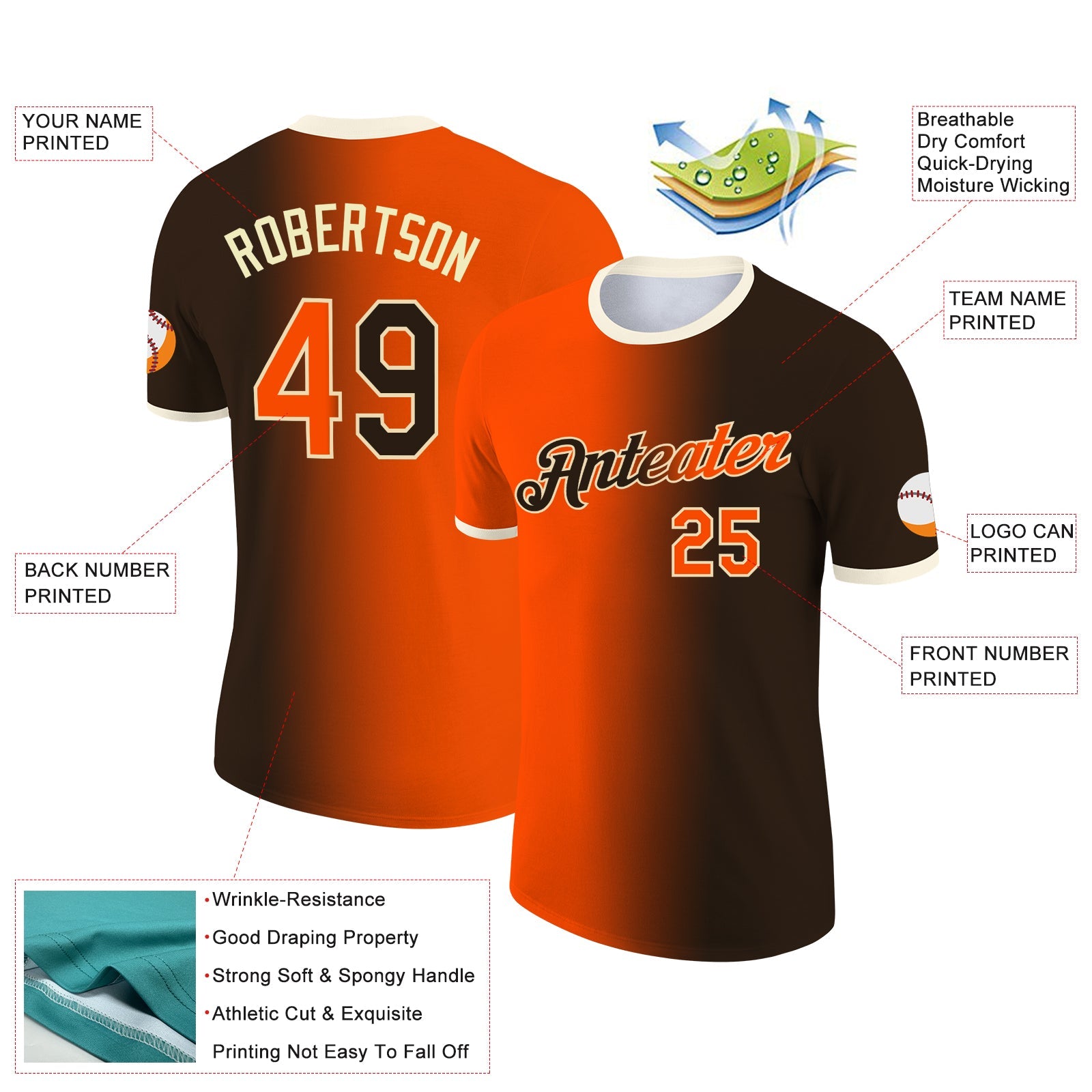 Custom Brown Orange-Cream Gradient Fashion Performance T-Shirt