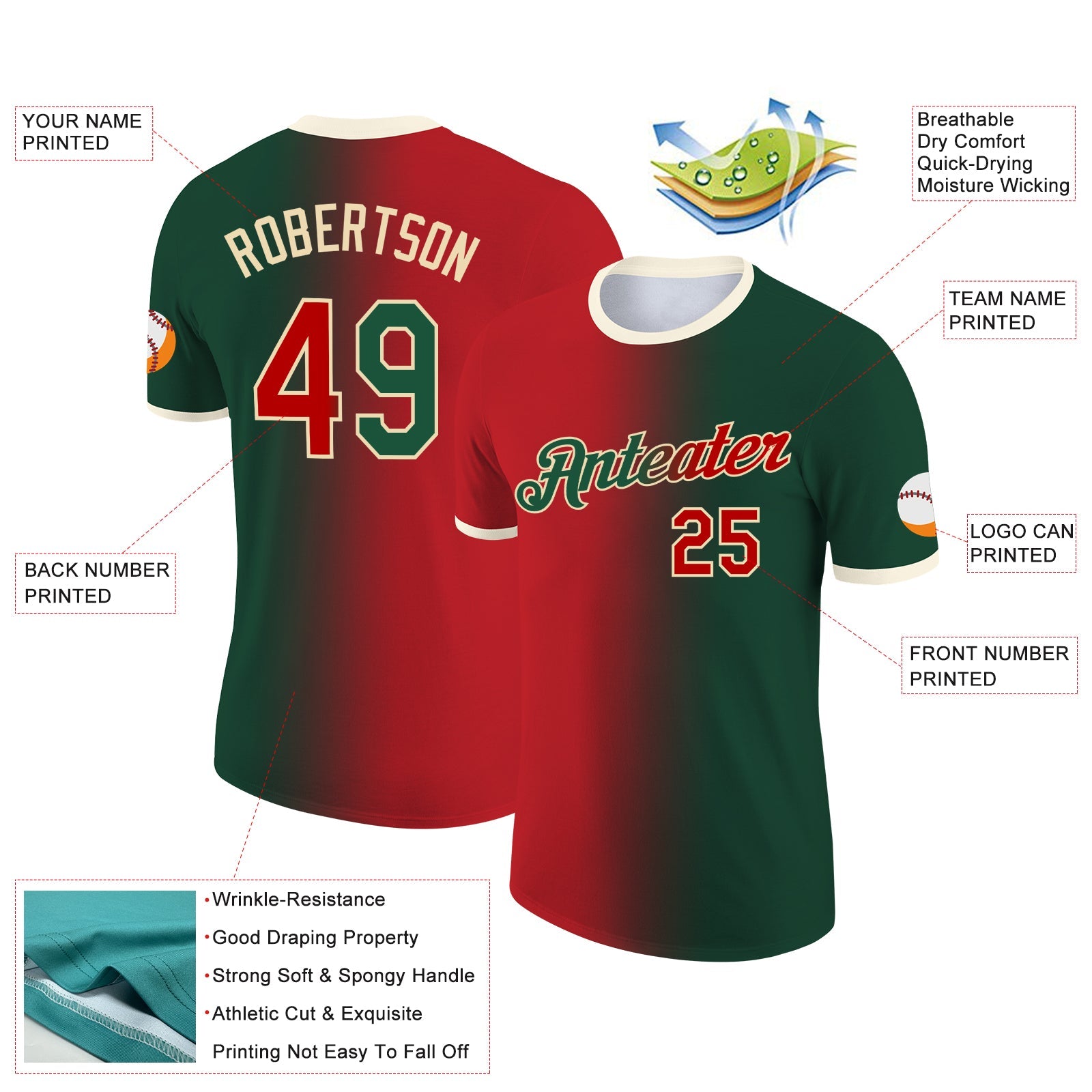 Custom Green Red-Cream Gradient Fashion Performance T-Shirt