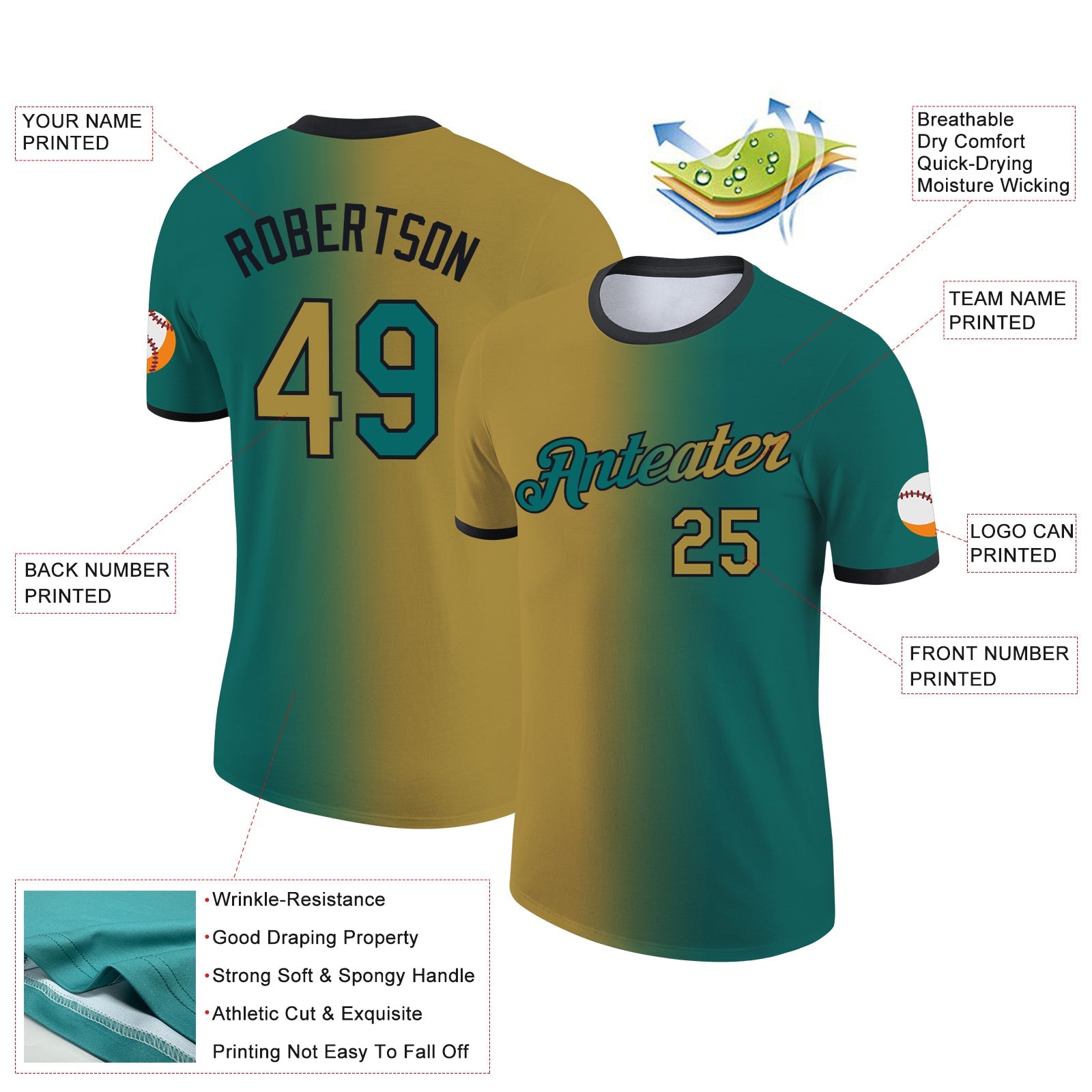 Custom Teal Old Gold-Black Gradient Fashion Performance T-Shirt