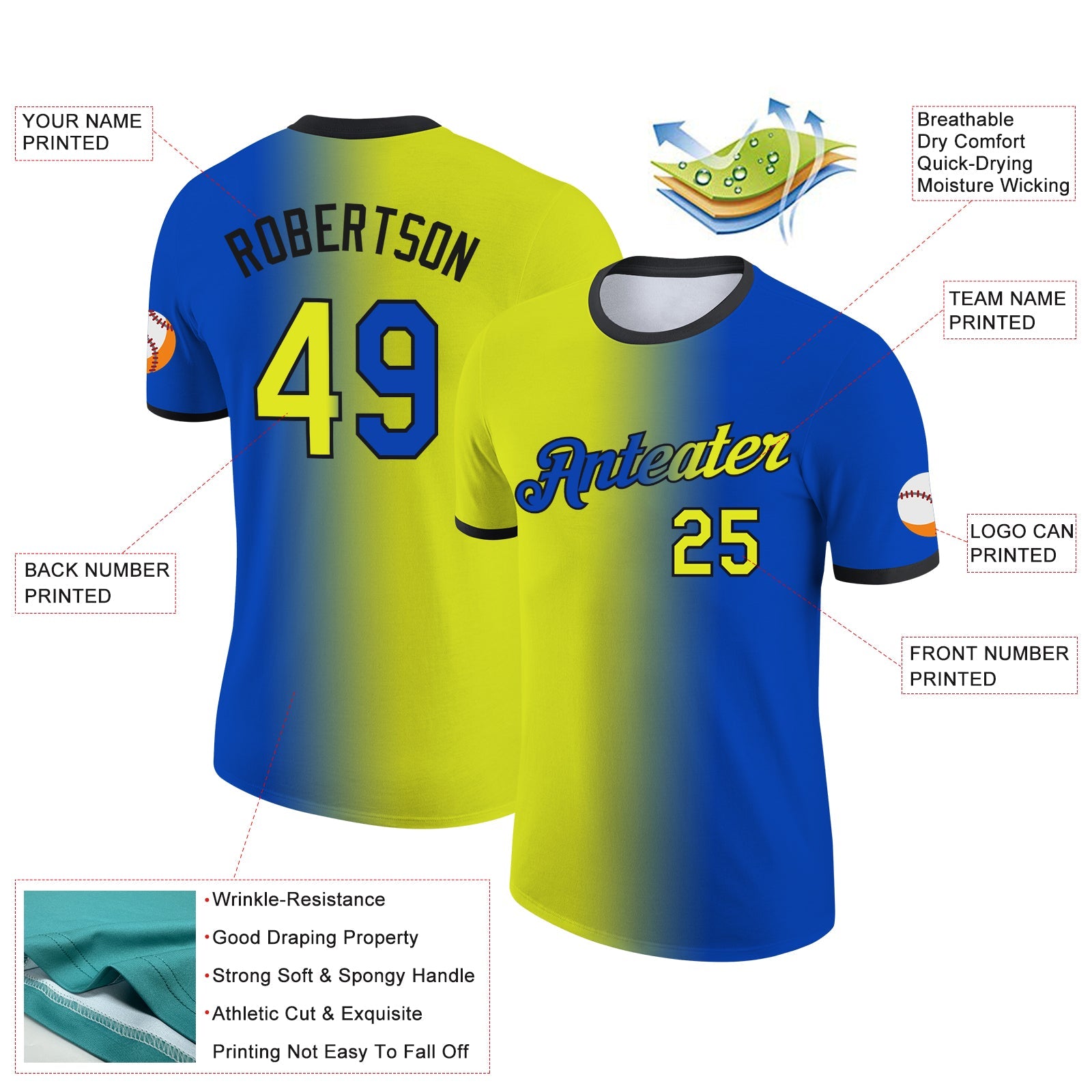 Custom Thunder Blue Neon Yellow-Black Gradient Fashion Performance T-Shirt