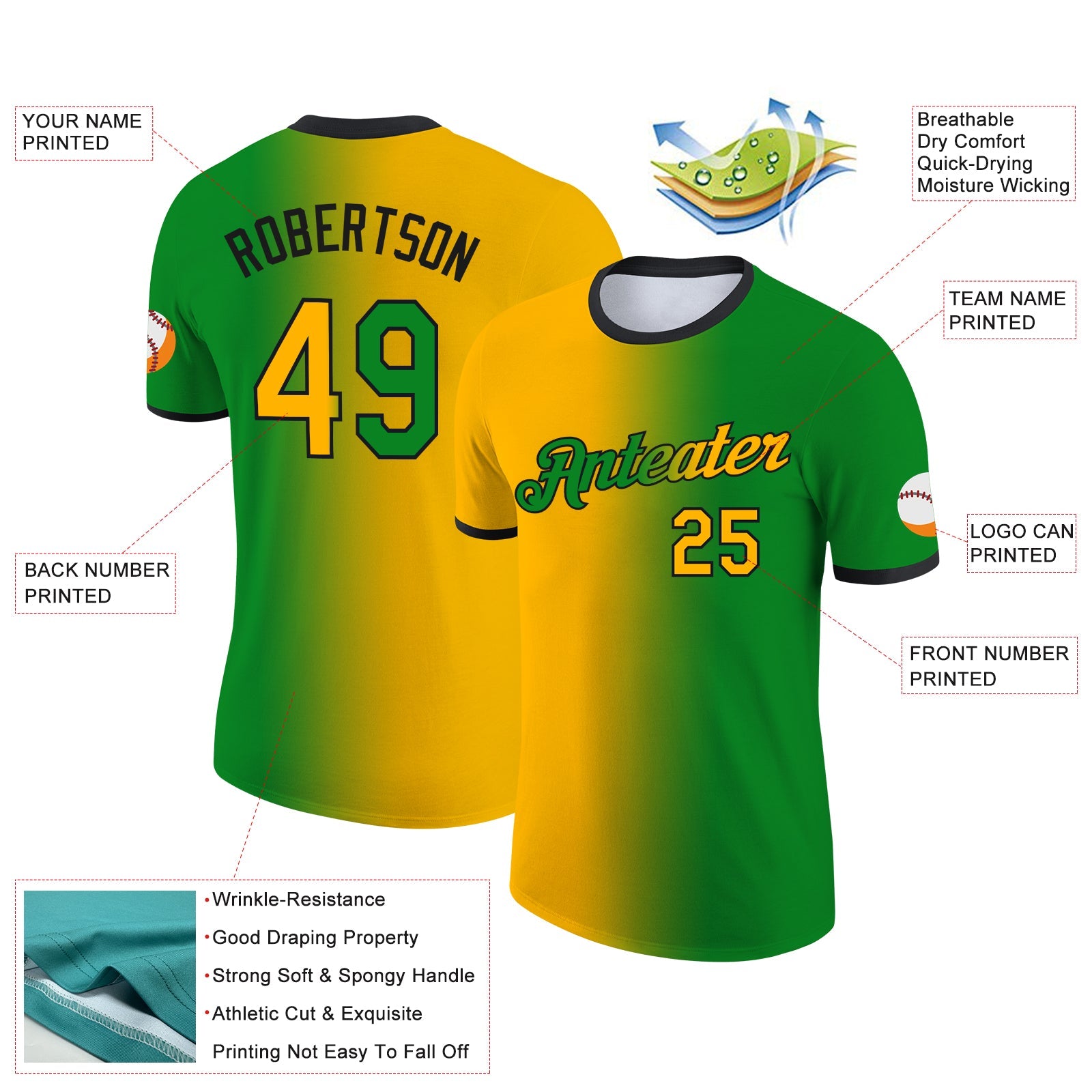 Custom Grass Green Gold-Black Gradient Fashion Performance T-Shirt