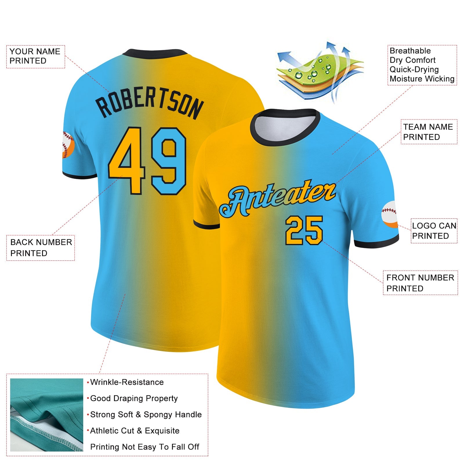 Custom Sky Blue Gold-Black Gradient Fashion Performance T-Shirt