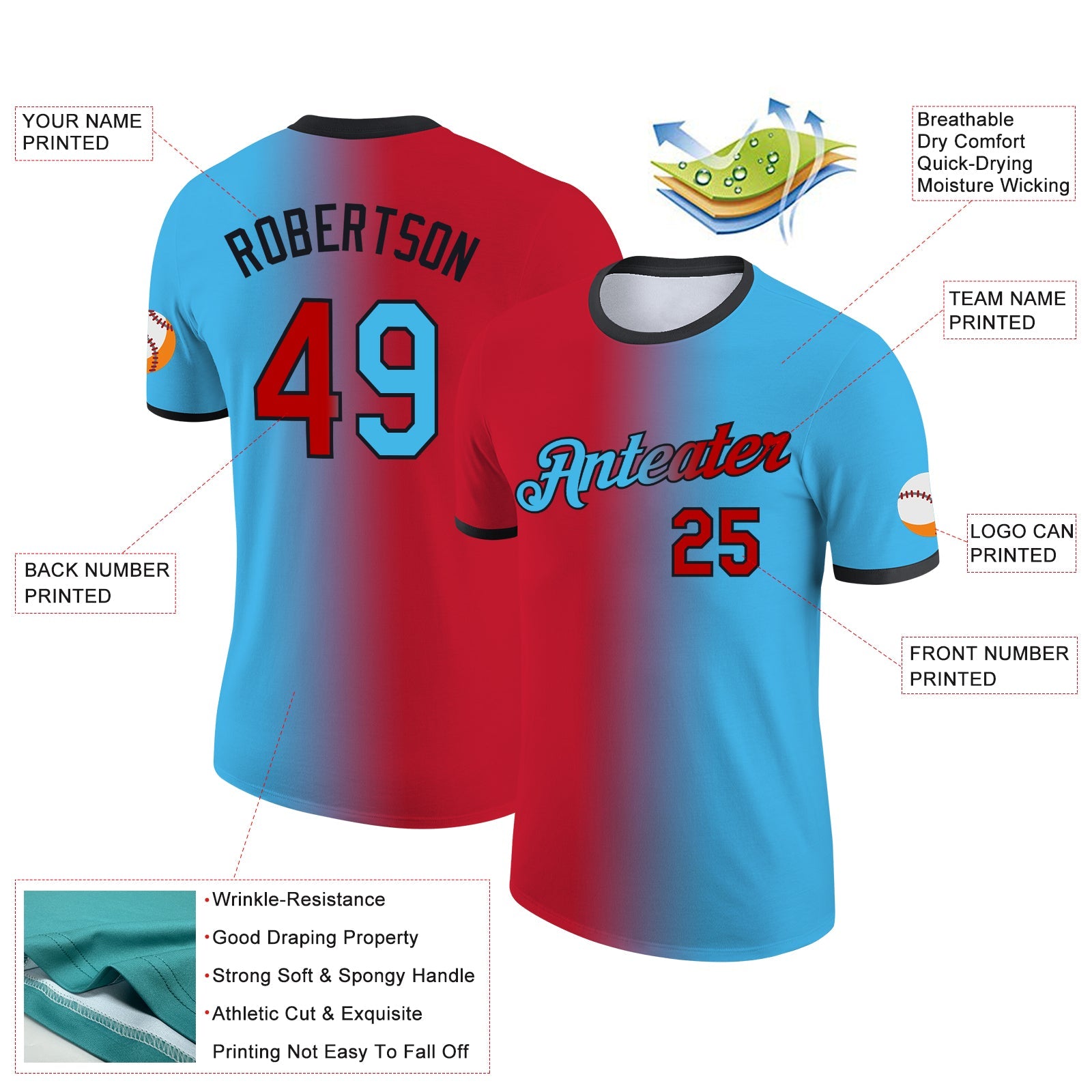 Custom Sky Blue Red-Black Gradient Fashion Performance T-Shirt