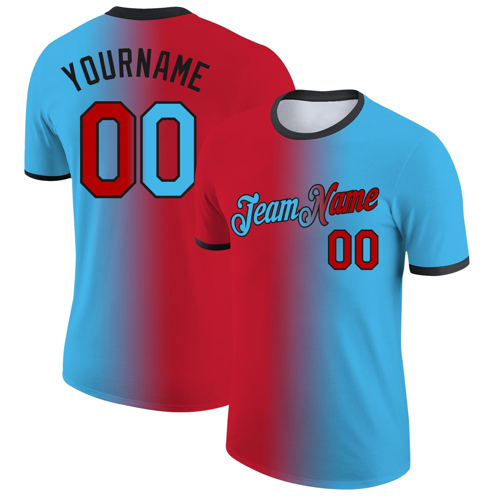 Custom Sky Blue Red-Black Gradient Fashion Performance T-Shirt