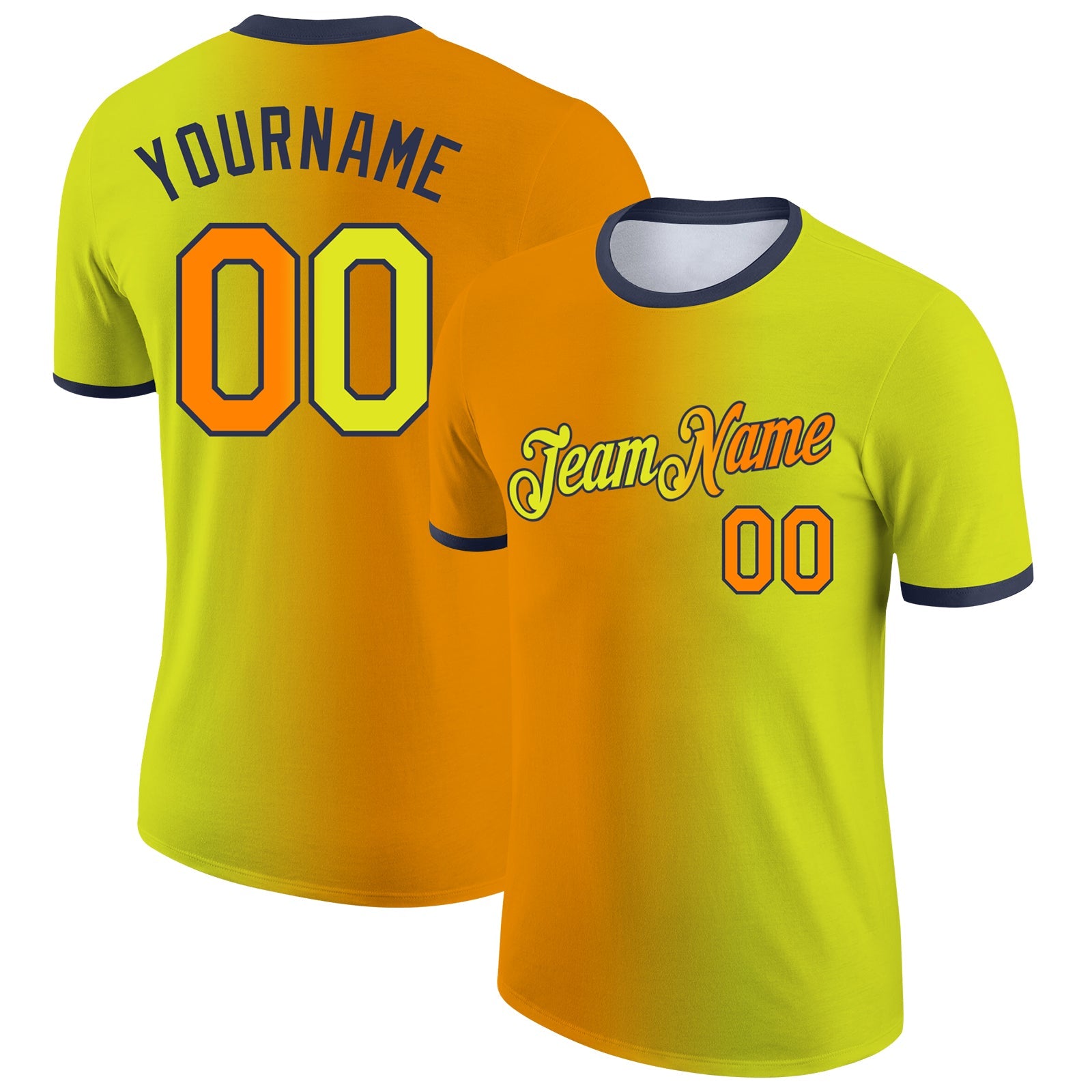 Custom Neon Yellow Bay Orange-Navy Gradient Fashion Performance T-Shirt