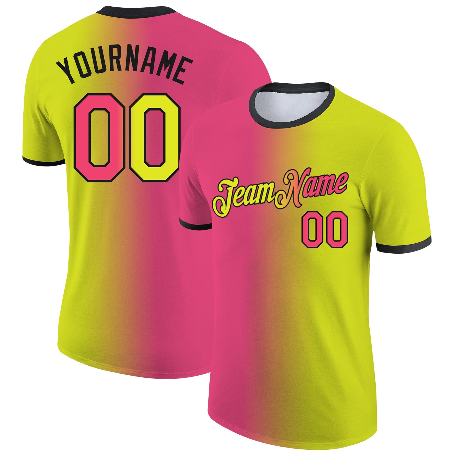 Custom Neon Yellow Neon Pink-Black Gradient Fashion Performance T-Shirt