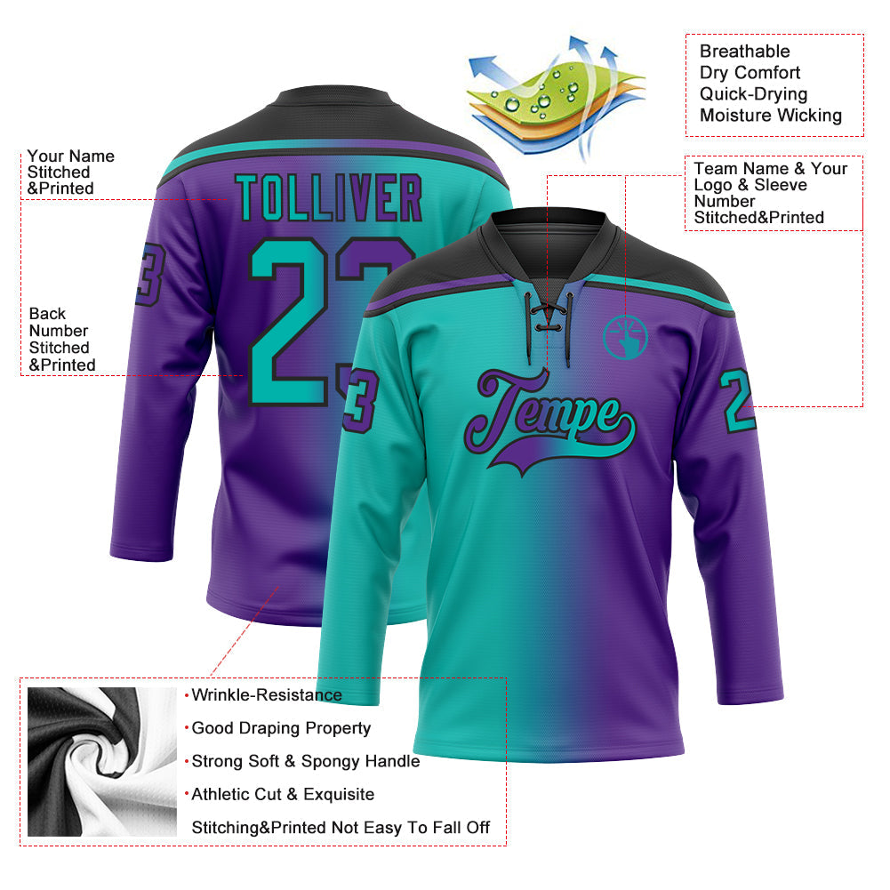 Custom Purple Aqua-Black Gradient Fashion Hockey Lace Neck Jersey
