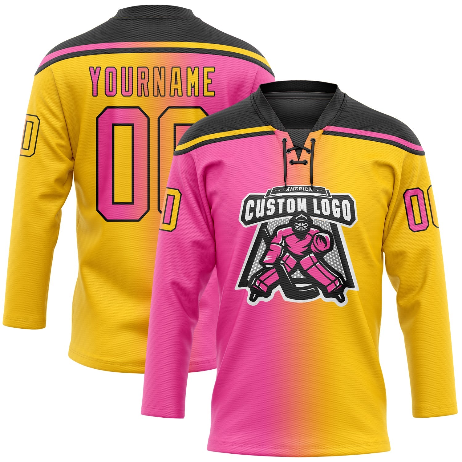 Custom Yellow Pink-Black Gradient Fashion Hockey Lace Neck Jersey