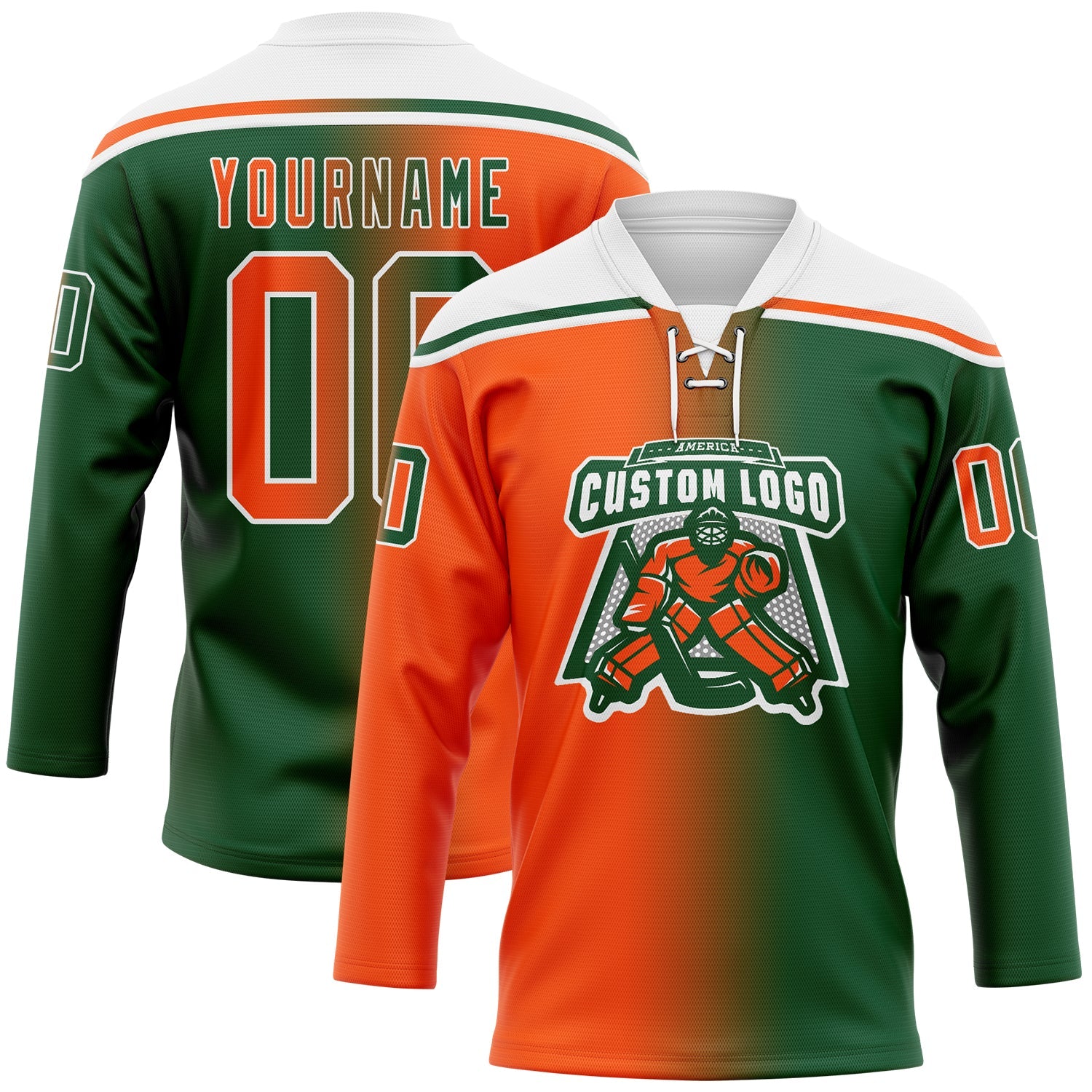 Custom Green Orange-White Gradient Fashion Hockey Lace Neck Jersey
