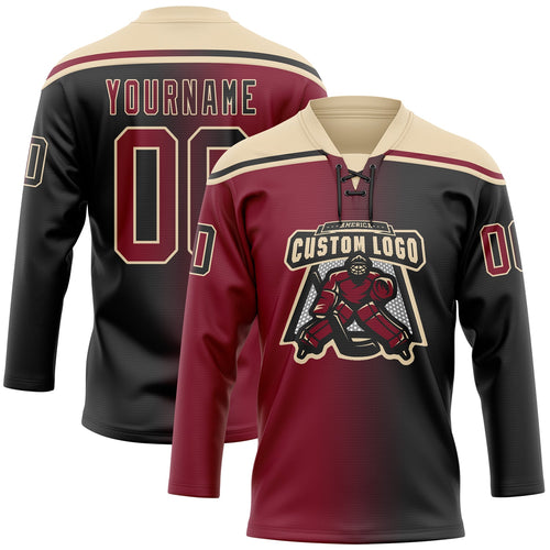 Custom Black Crimson-City Cream Gradient Fashion Hockey Lace Neck Jersey