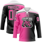 Custom Black Pink-White Gradient Fashion Hockey Lace Neck Jersey
