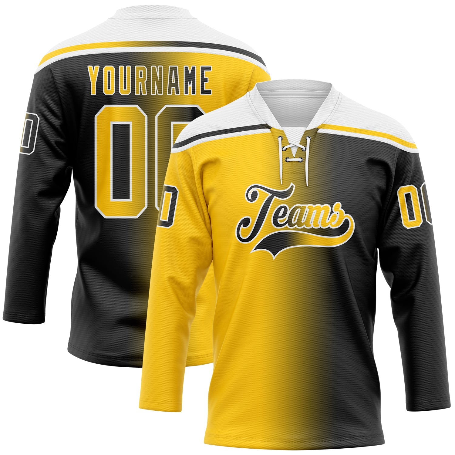 Custom Black Yellow-White Gradient Fashion Hockey Lace Neck Jersey