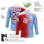 Custom Light Blue Red-White Gradient Fashion Hockey Lace Neck Jersey