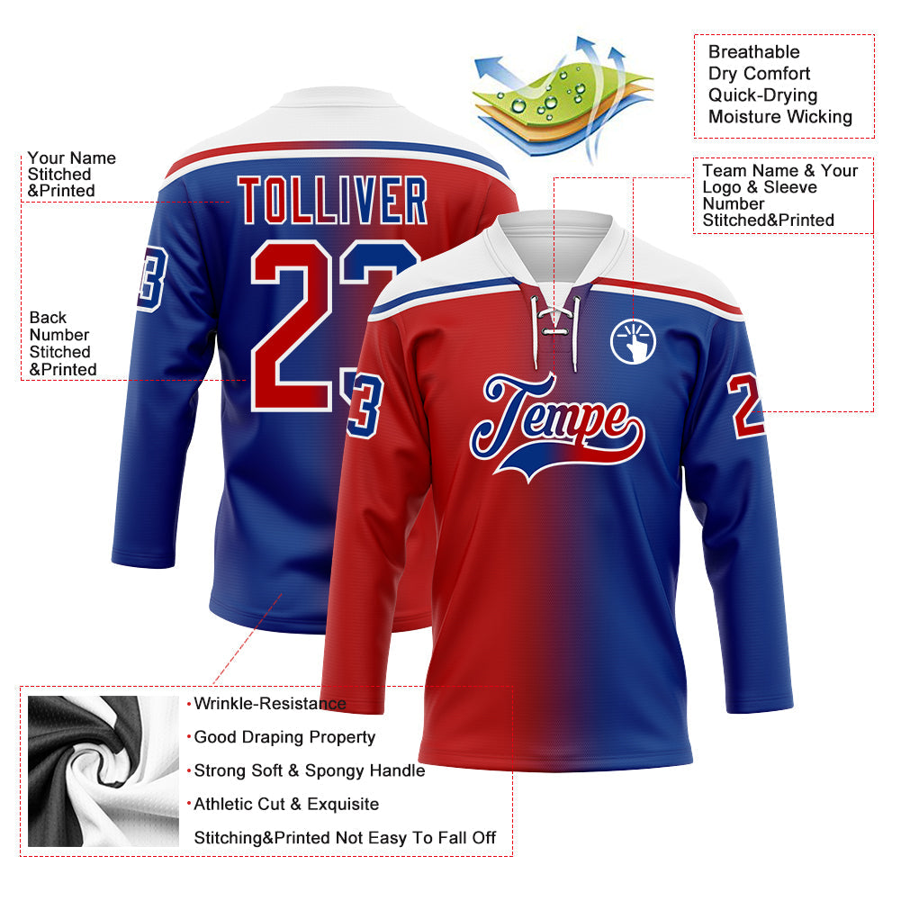 Custom Royal Red-White Gradient Fashion Hockey Lace Neck Jersey