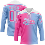 Custom Light Blue Pink-White Gradient Fashion Hockey Lace Neck Jersey