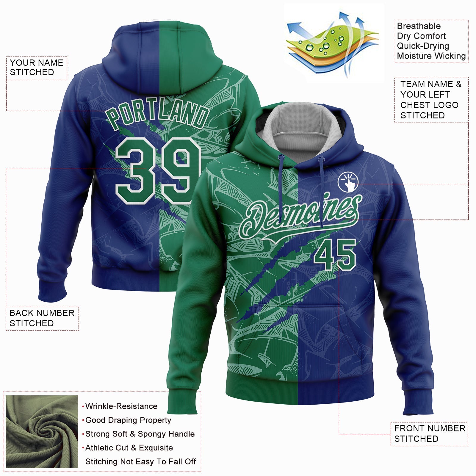 Custom Stitched Graffiti Pattern Kelly Green Royal-White 3D Scratch Sports Pullover Sweatshirt Hoodie