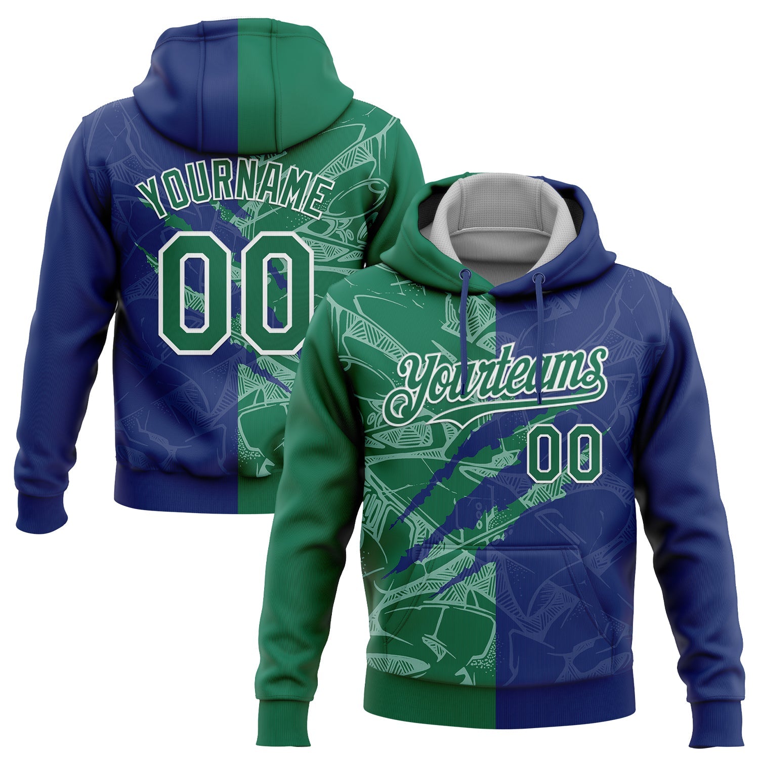 Custom Stitched Graffiti Pattern Kelly Green Royal-White 3D Scratch Sports Pullover Sweatshirt Hoodie