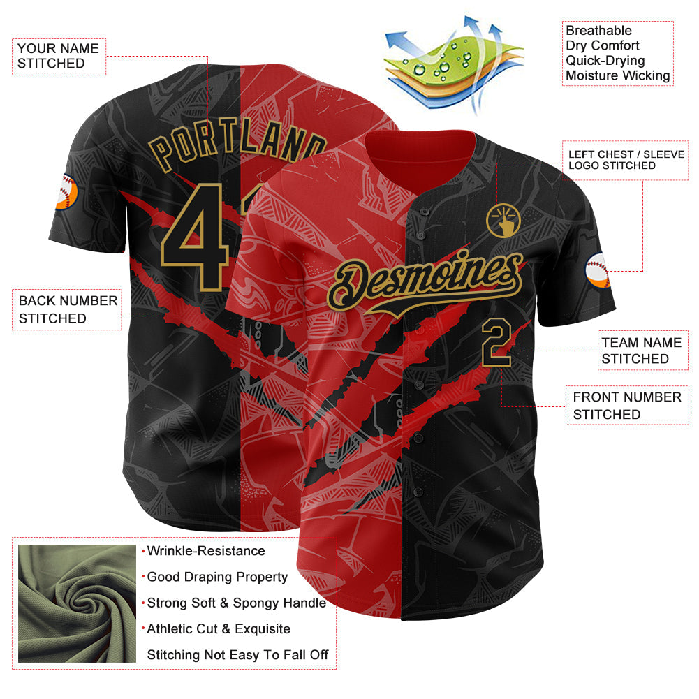 Custom Graffiti Pattern Black Red-Old Gold 3D Scratch Authentic Baseball Jersey
