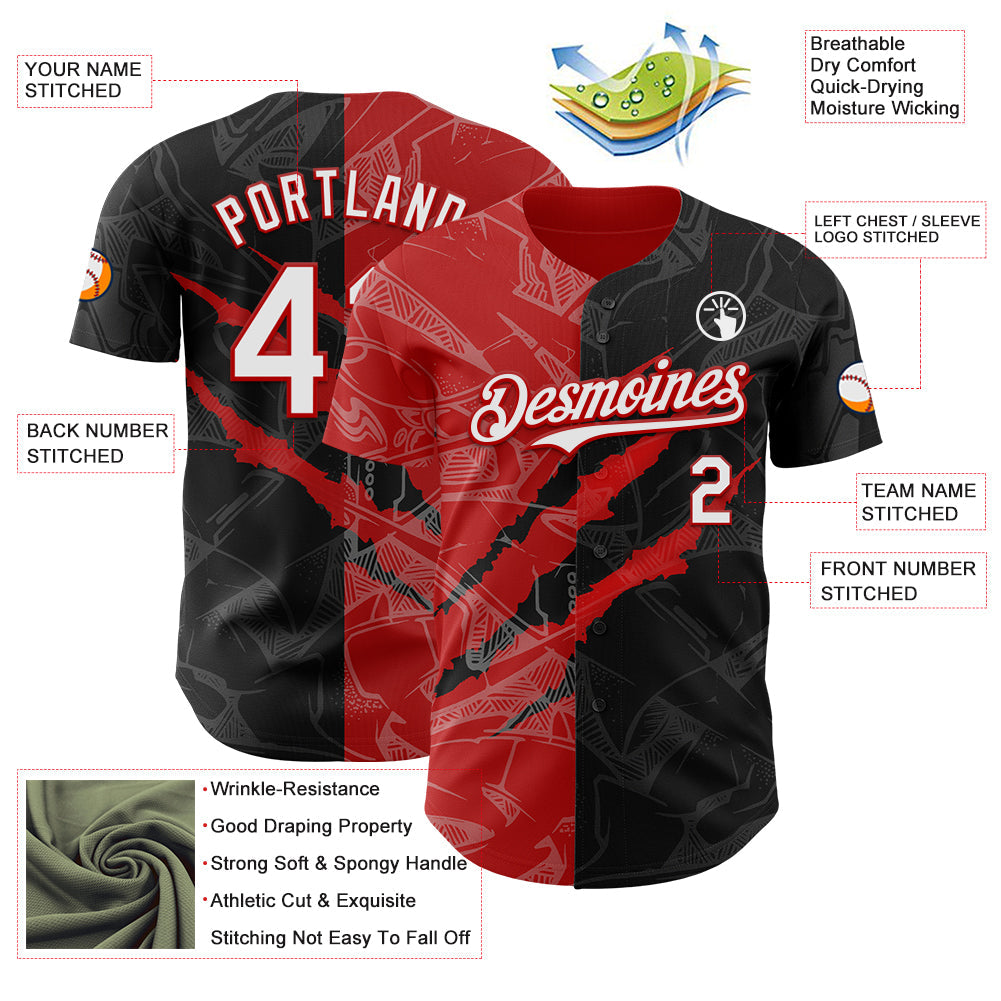 Custom Graffiti Pattern White Black-Red 3D Scratch Authentic Baseball Jersey
