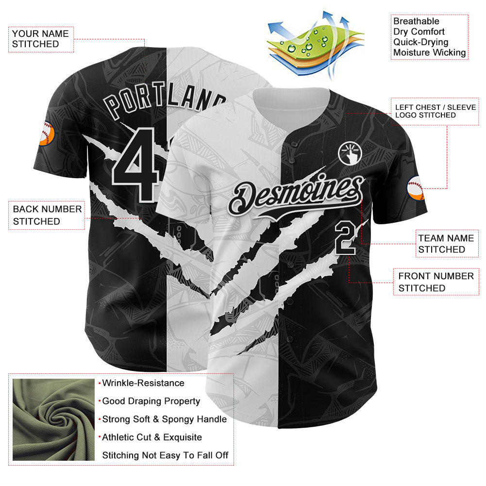 Custom Graffiti Pattern Black-White 3D Scratch Authentic Baseball Jersey