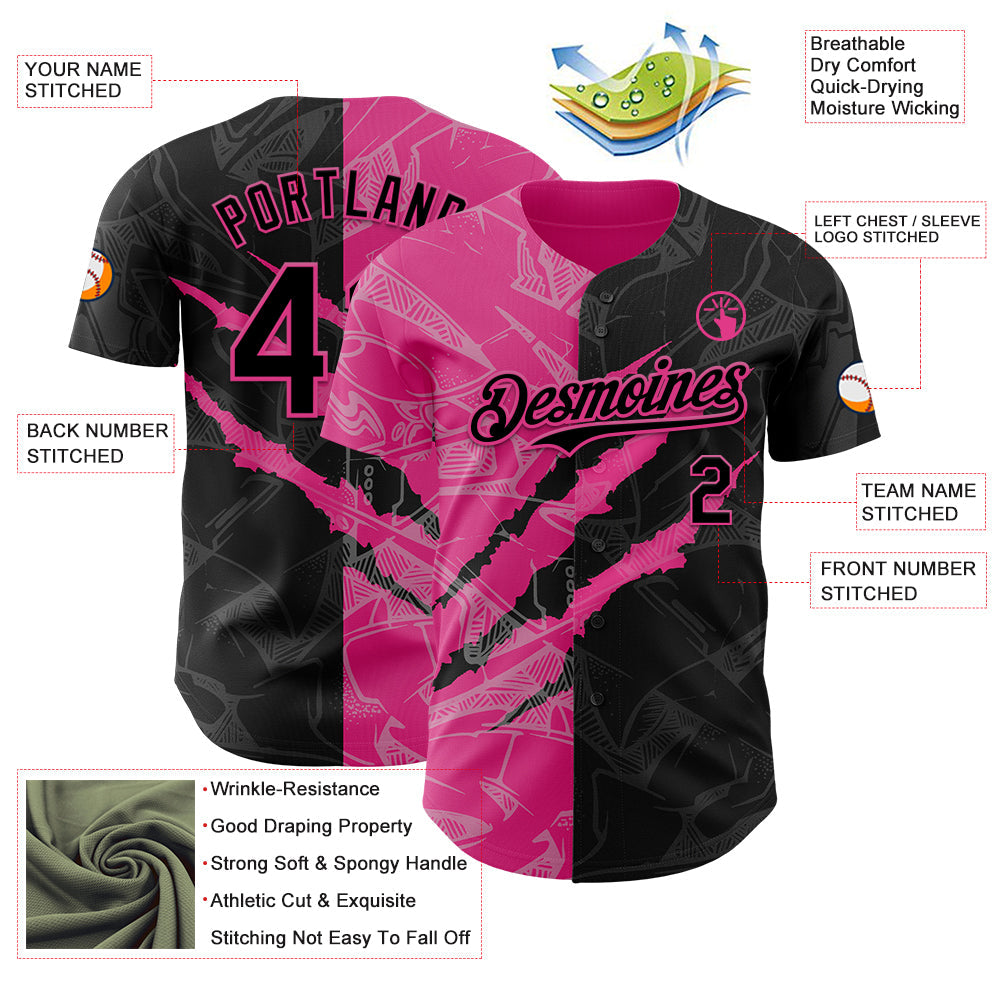 Custom Graffiti Pattern Black-Pink 3D Scratch Authentic Baseball Jersey