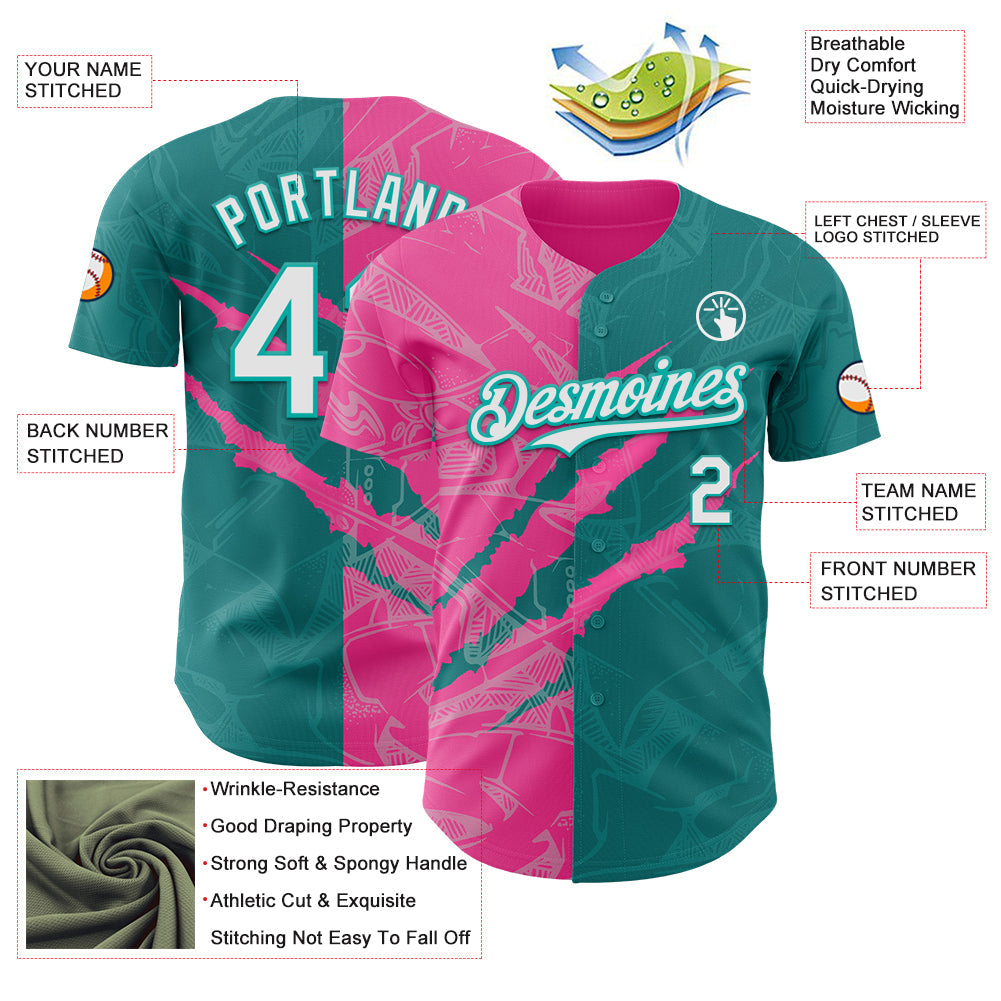 Custom Graffiti Pattern White Teal-Pink 3D Scratch Authentic Baseball Jersey