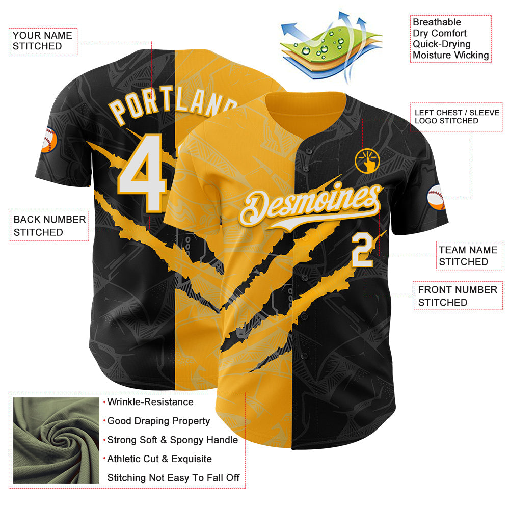 Custom Graffiti Pattern White Black-Gold 3D Scratch Authentic Baseball Jersey