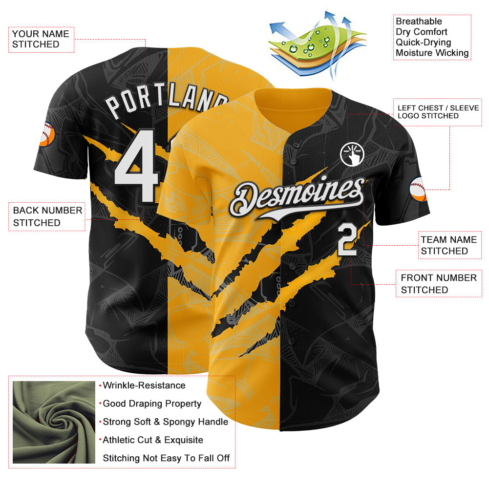 Custom Graffiti Pattern White Black-Gold 3D Scratch Authentic Baseball Jersey