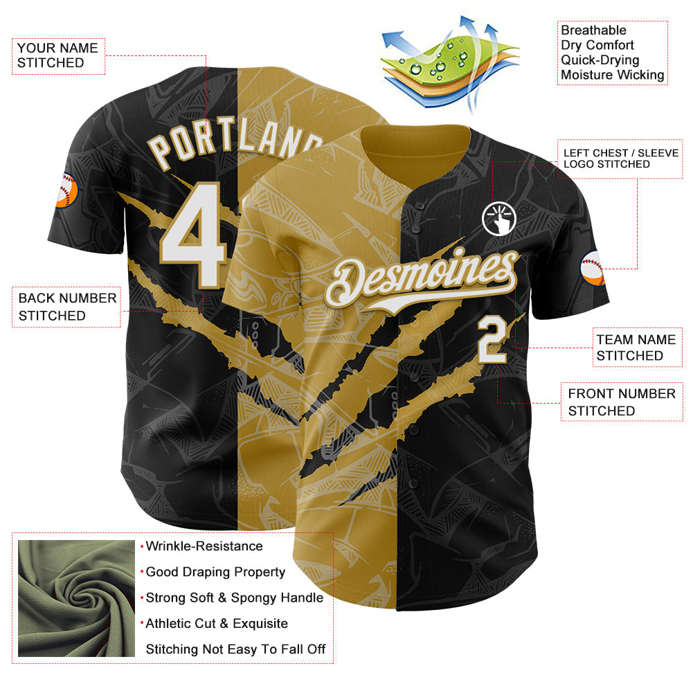 Custom Graffiti Pattern White Black-Old Gold 3D Scratch Authentic Baseball Jersey
