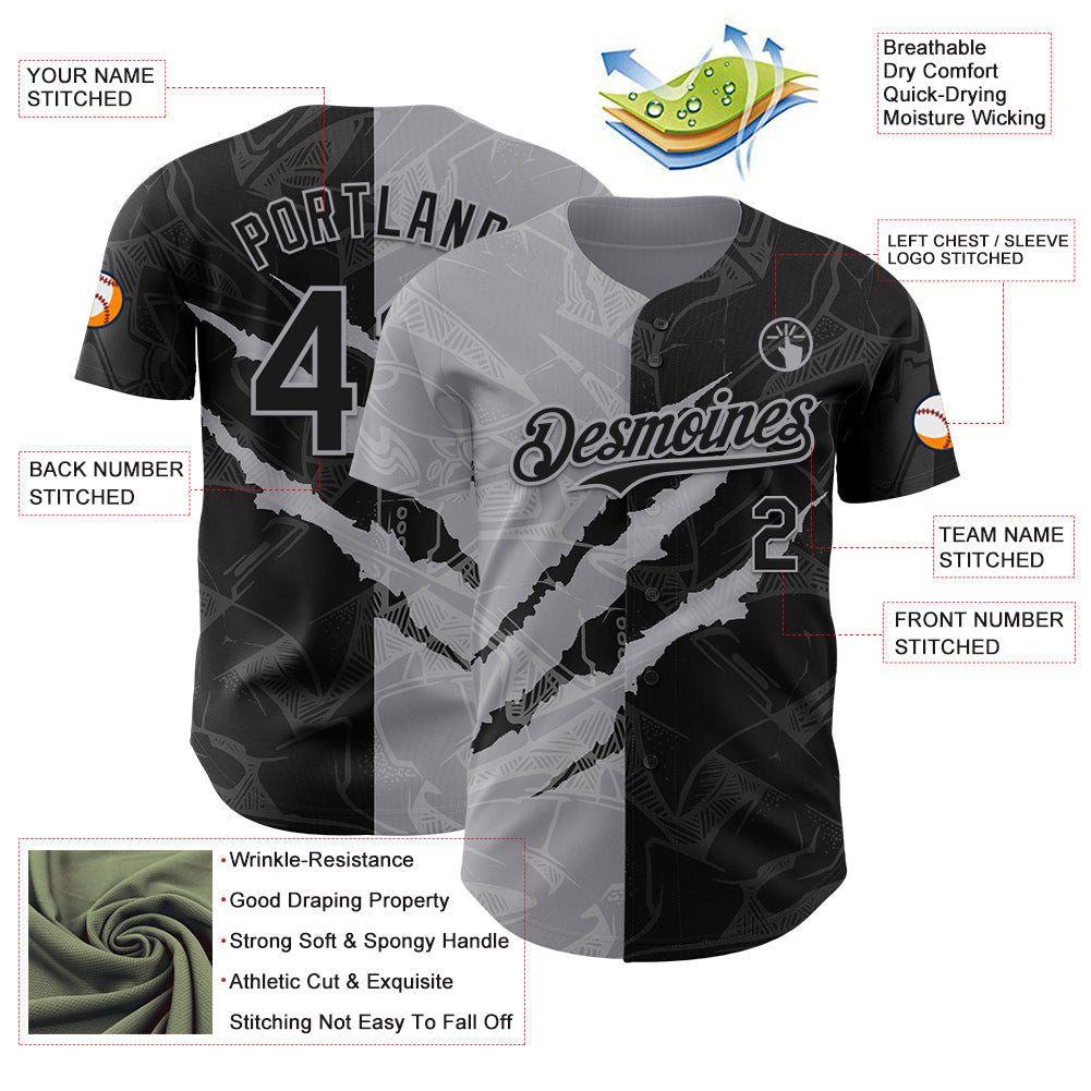 Custom Graffiti Pattern Black-Gray 3D Scratch Authentic Baseball Jersey