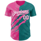Custom Graffiti Pattern White Teal-Pink 3D Scratch Authentic Baseball Jersey