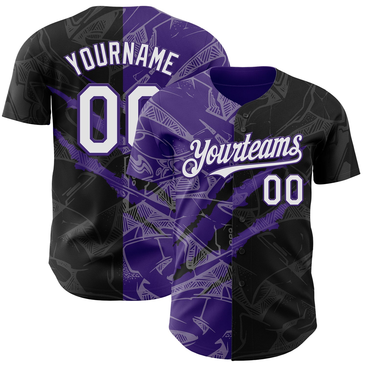 Custom Graffiti Pattern White Black-Purple 3D Scratch Authentic Baseball Jersey