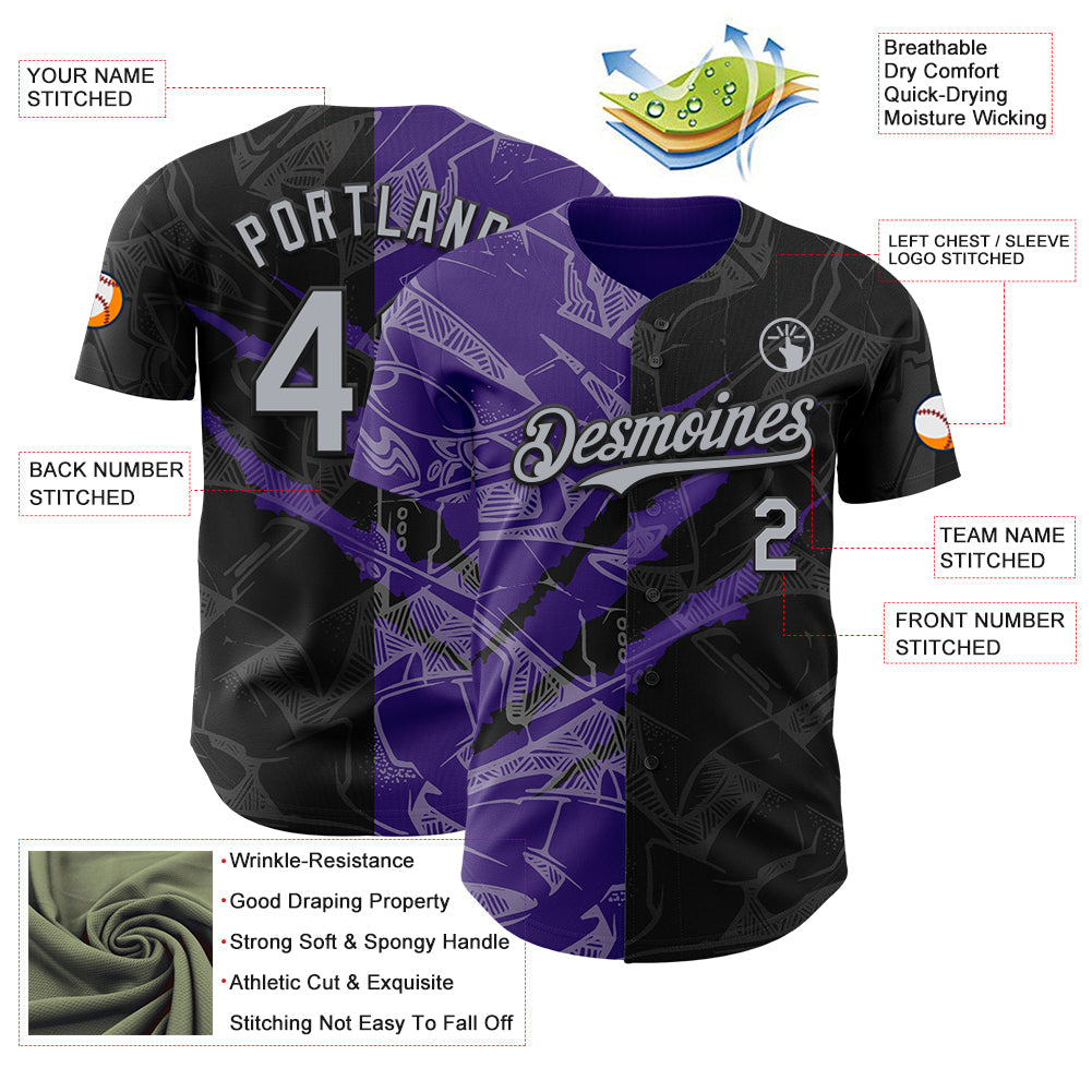 Custom Graffiti Pattern Gray Black-Purple 3D Scratch Authentic Baseball Jersey