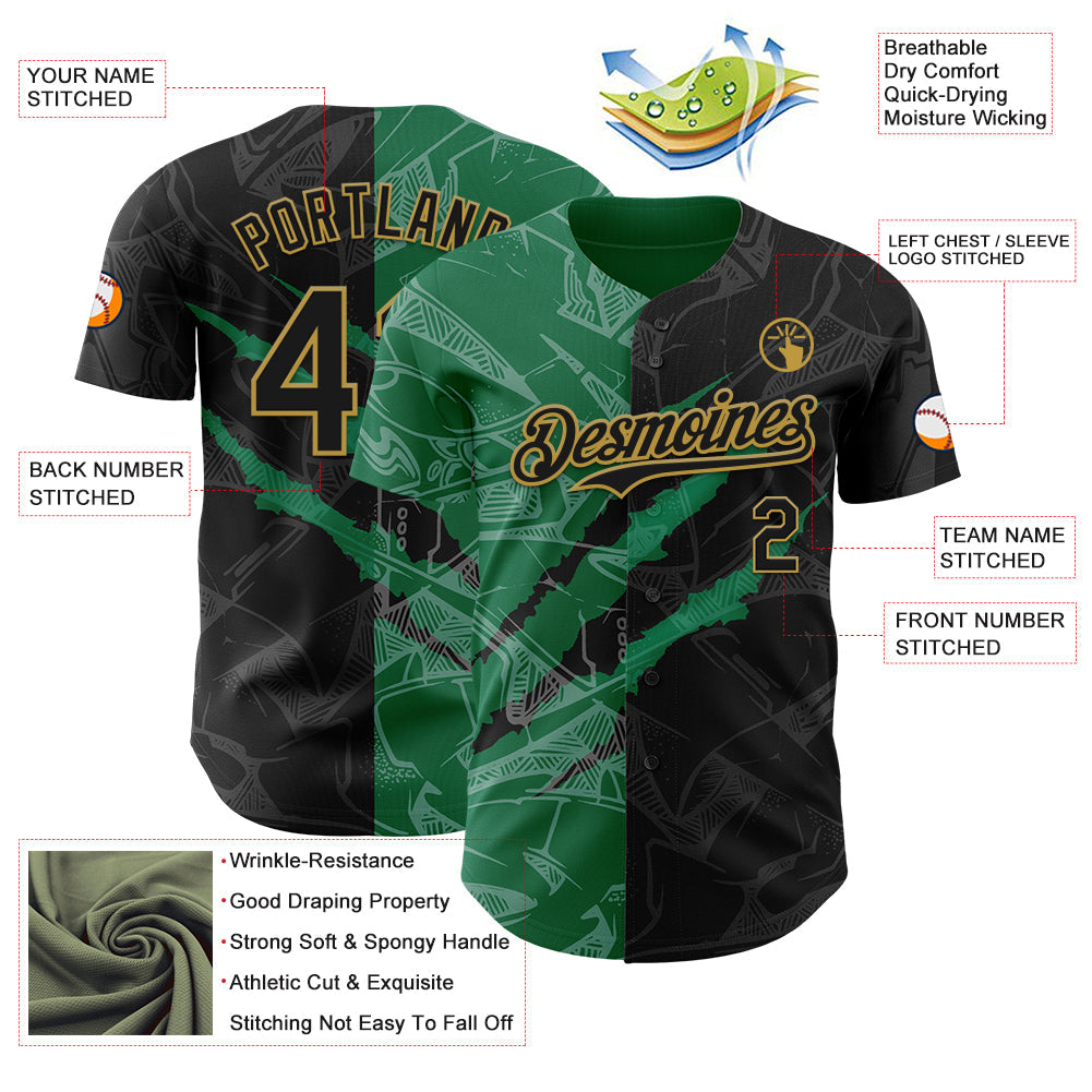 Custom Graffiti Pattern Black Kelly Green-Old Gold 3D Scratch Authentic Baseball Jersey