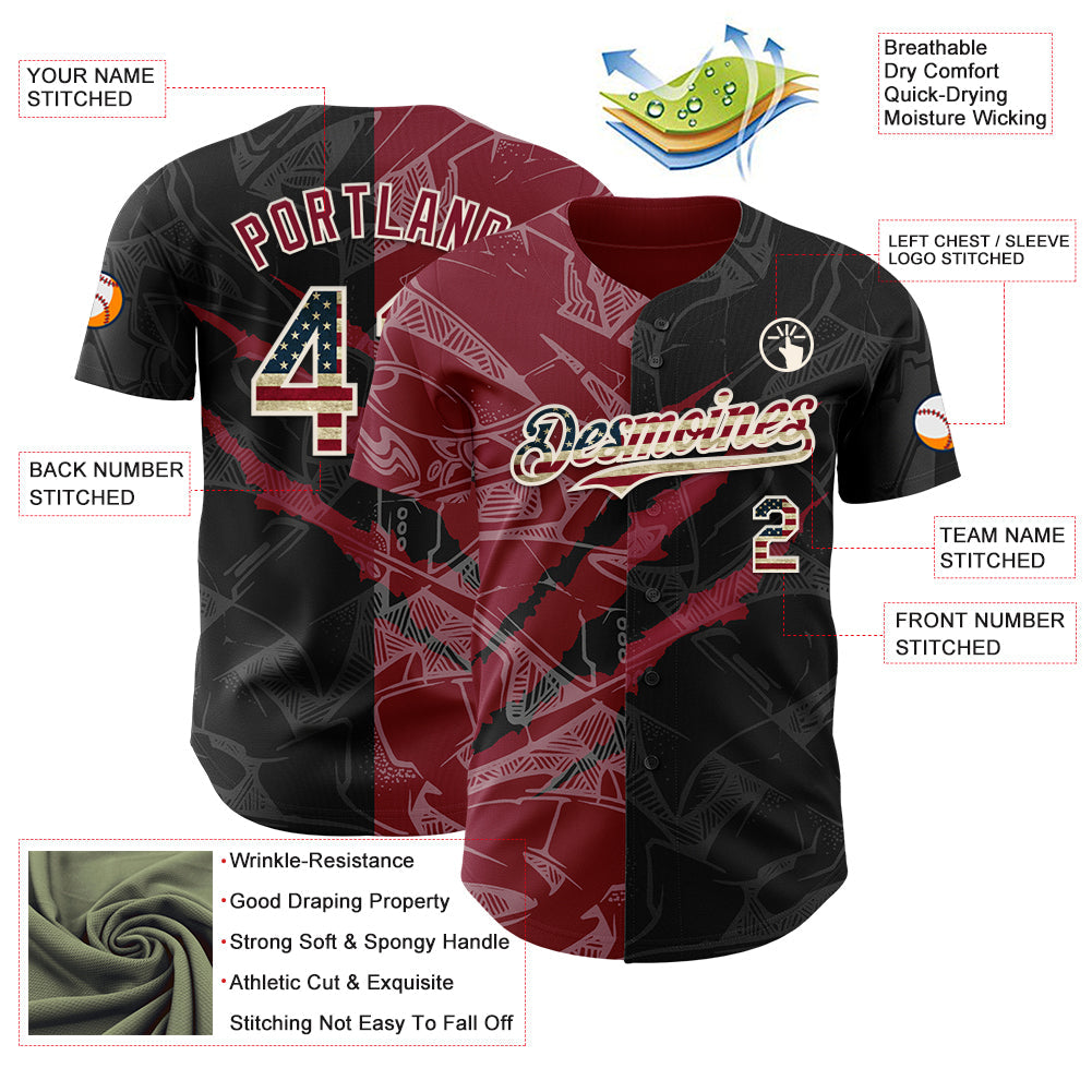 Custom Graffiti Pattern Vintage USA Flag Black Crimson-Cream 3D Scratch Authentic Baseball Jersey