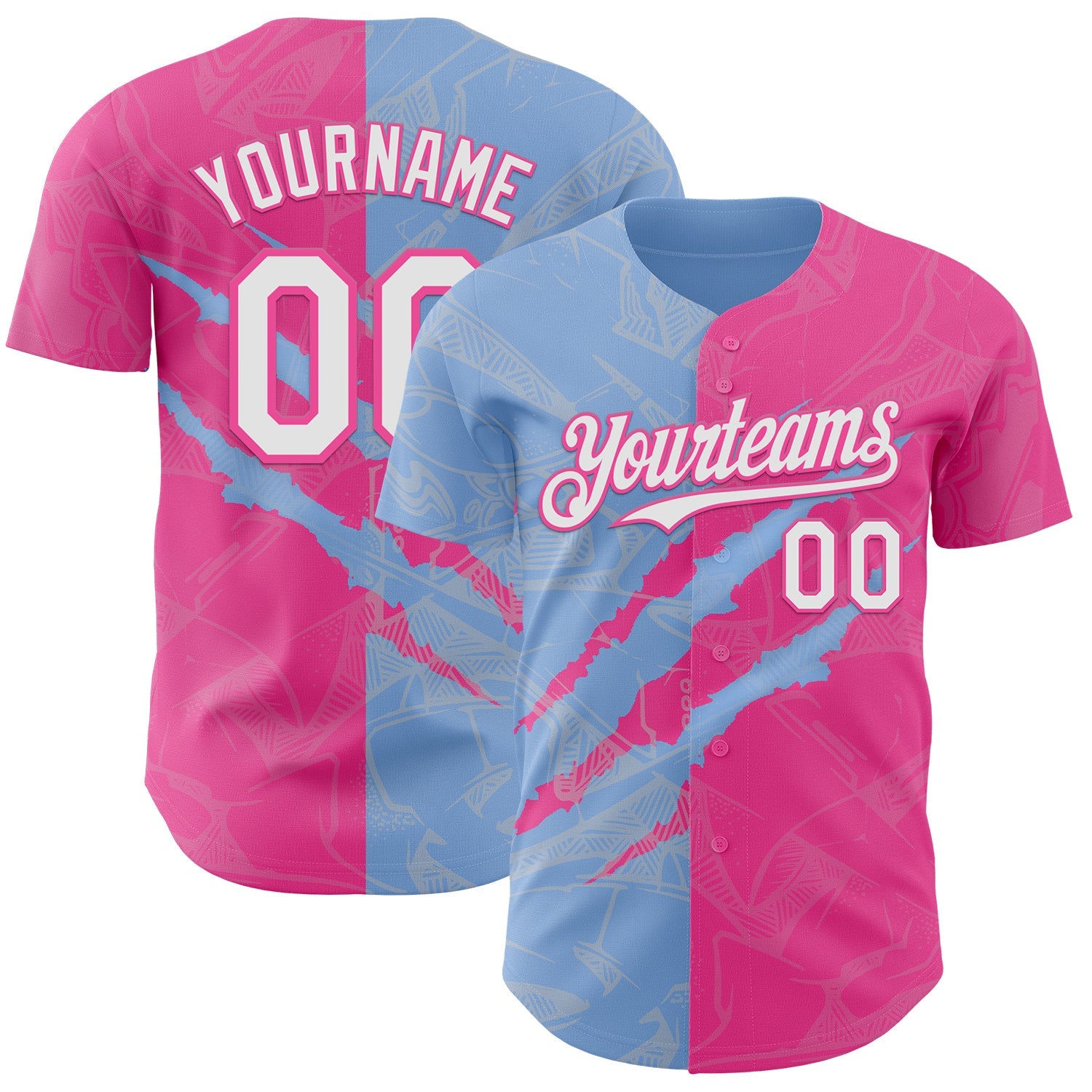 Custom Graffiti Pattern White Pink-Light Blue 3D Scratch Authentic Baseball Jersey