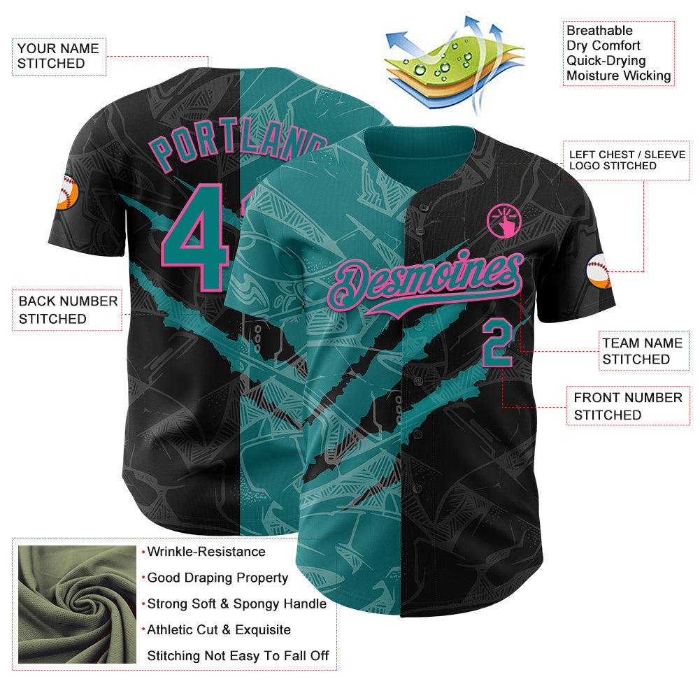 Custom Graffiti Pattern Teal Black-Pink 3D Scratch Authentic Baseball Jersey