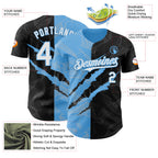 Custom Graffiti Pattern White Black-Sky Blue 3D Scratch Authentic Baseball Jersey
