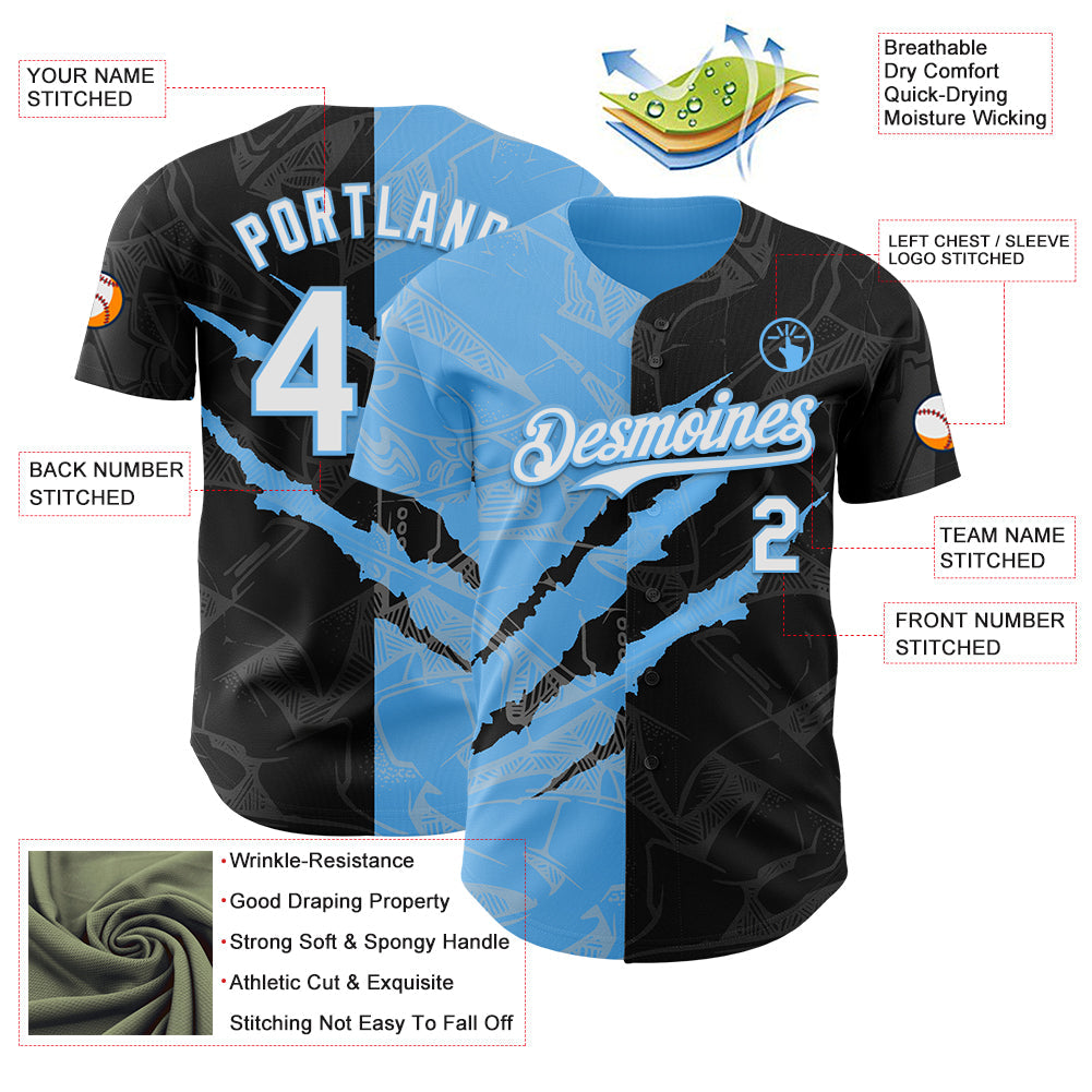 Custom Graffiti Pattern White Black-Sky Blue 3D Scratch Authentic Baseball Jersey