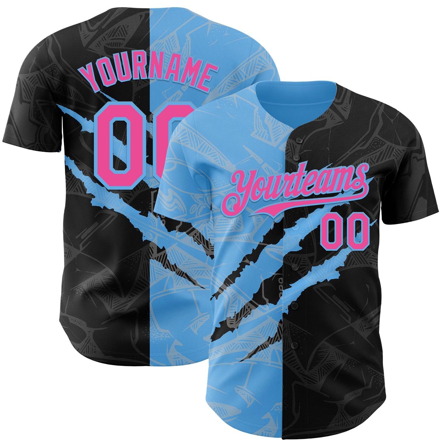 Custom Graffiti Pattern Pink Black-Sky Blue 3D Scratch Authentic Baseball Jersey