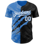 Custom Graffiti Pattern White Black-Electric Blue 3D Scratch Authentic Baseball Jersey