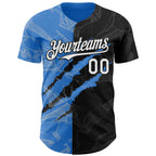 Custom Graffiti Pattern White Black-Electric Blue 3D Scratch Authentic Baseball Jersey